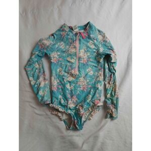 Ruffle Butts One Piece Swimsuit Girls Size 7 Blue Floral Long Sleeve Half Zip